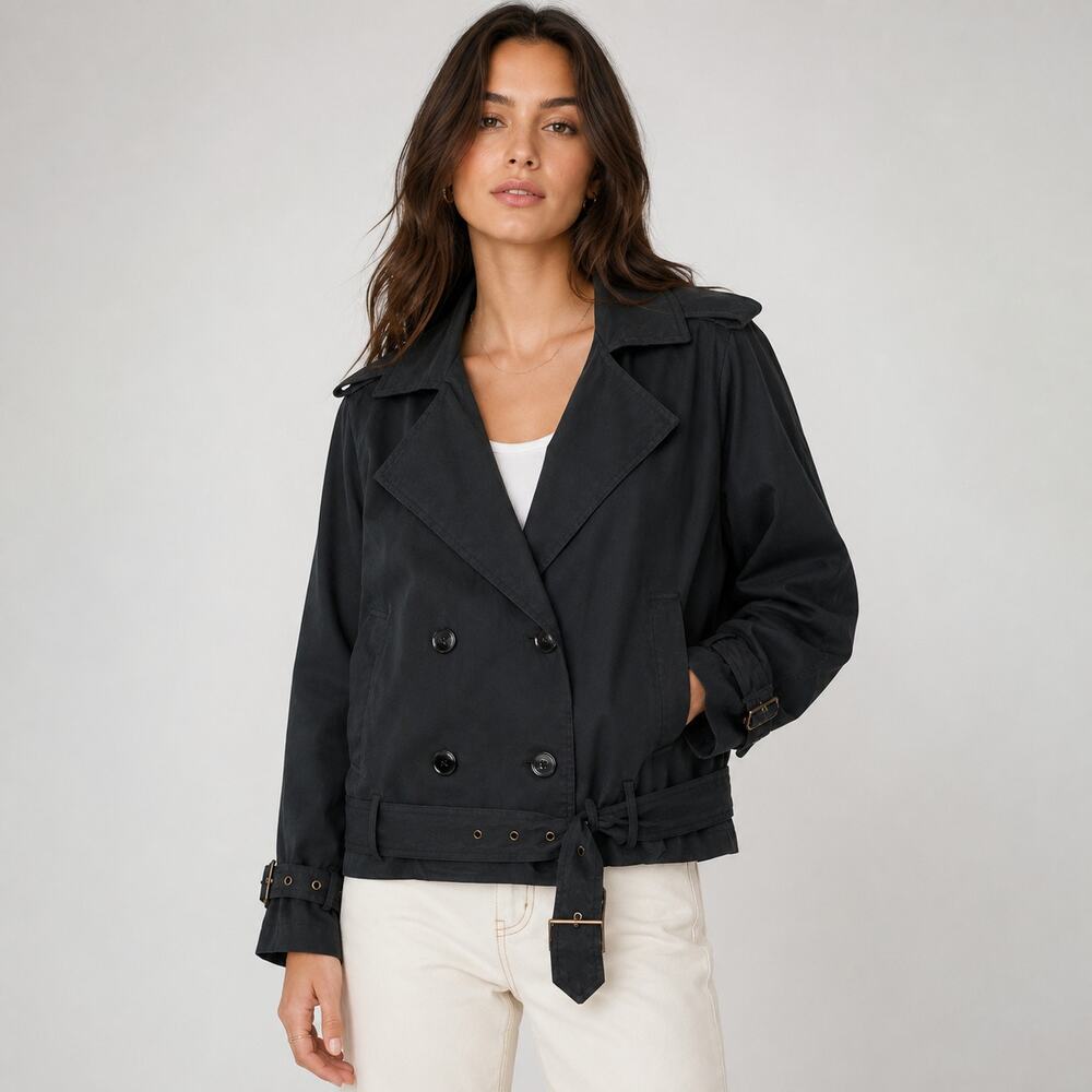 Black Lightweight Cropped Peacoat Utility Jacket Black Hip Length S NEW Boho